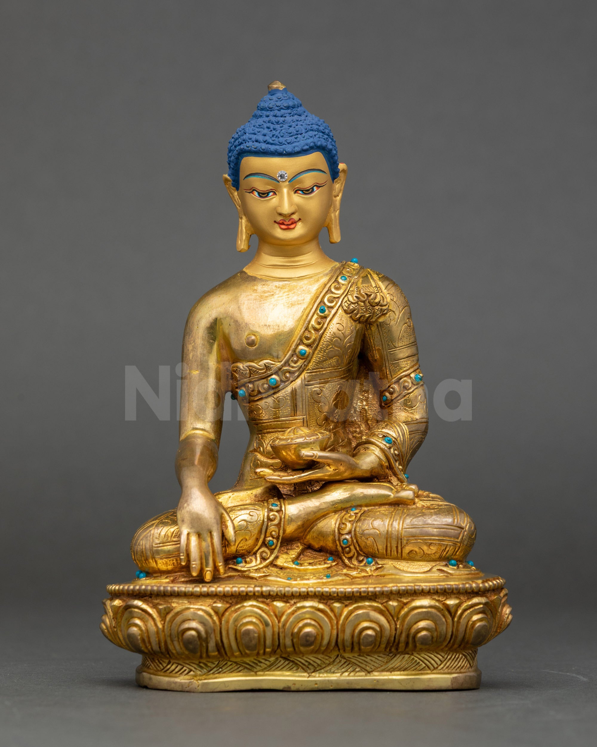 Front view of Divine Shakyamuni Buddha Statue hand-crafted in Nepal by Newari artisans