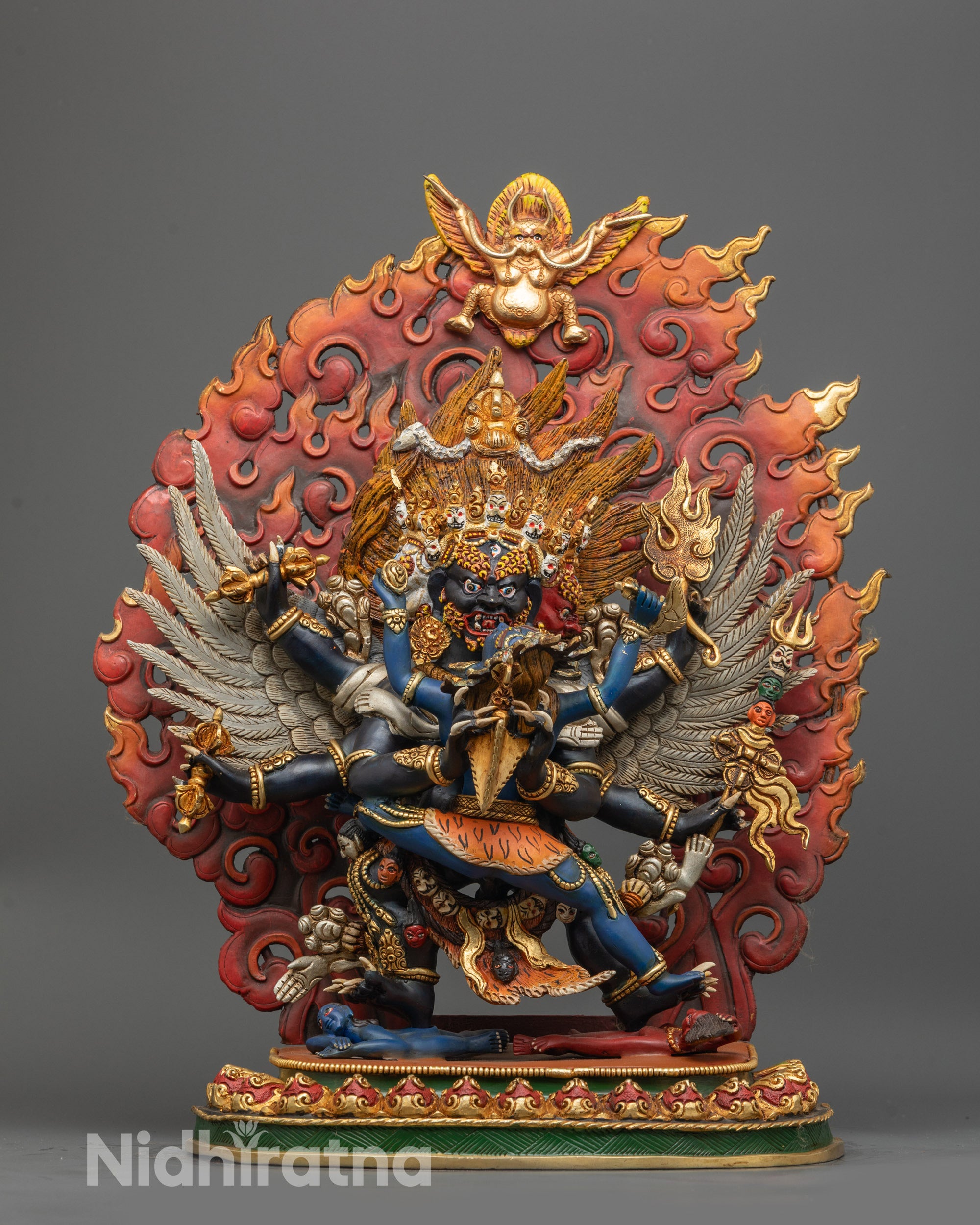 Front view of Divine Vajrakilaya Yab-Yum Statue with gold-plated lotus and blazing halo