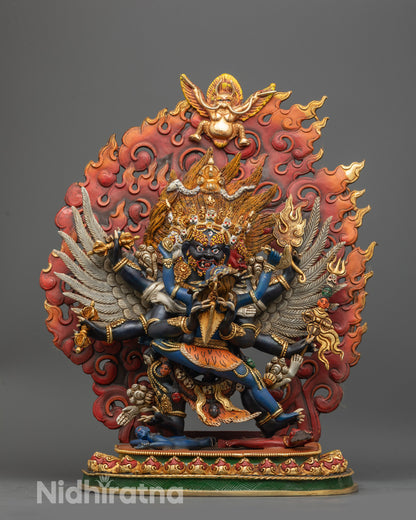 Front view of Divine Vajrakilaya Yab-Yum Statue with gold-plated lotus and blazing halo