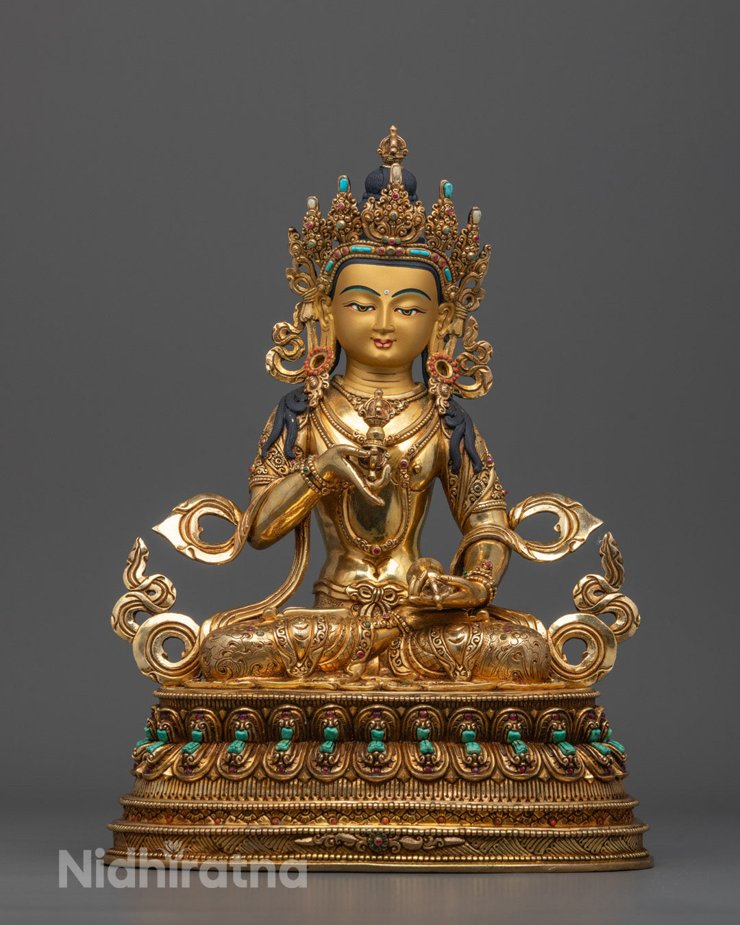 Front view of Dorje Sempa Statue with 24K gold face, lotus throne, and intricate carvings
