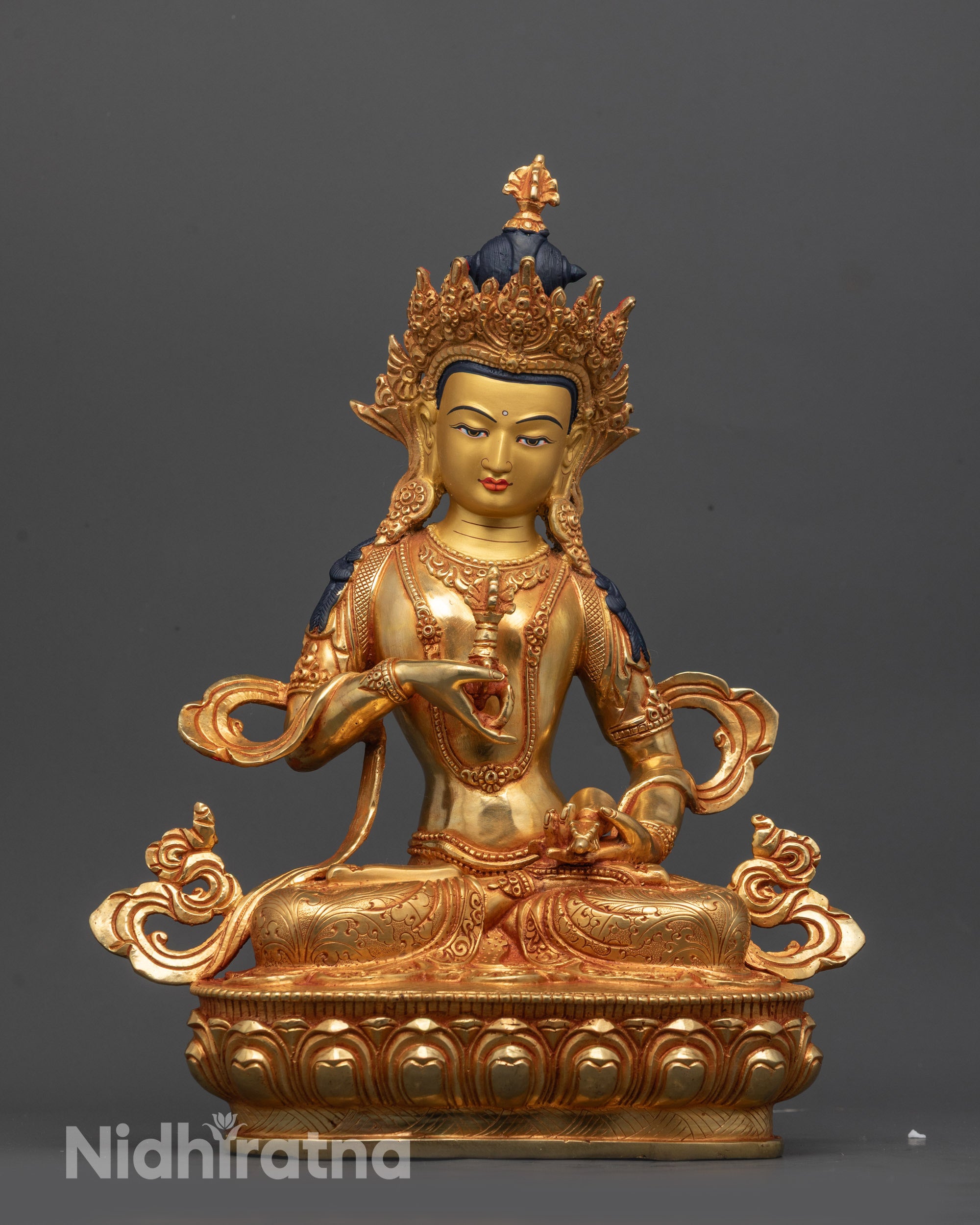 Front view of Dorje Sempa Statue with gold gilding on lotus throne for meditation altar