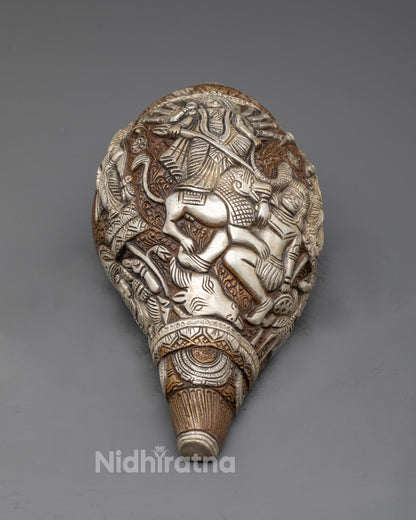 Front view of Durga Devi Conch Shell with goddess carvings, ideal for altar or home worship