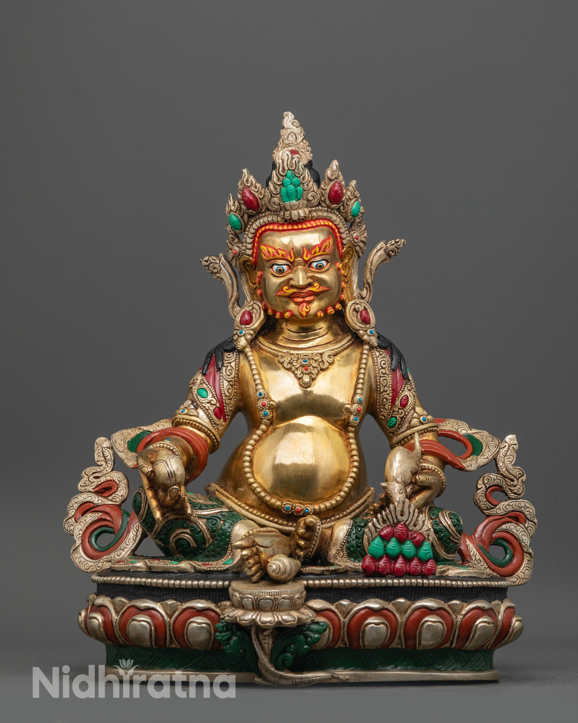 Front view of Dzambhala Statue with gold fire-gilded body, crown, and citron fruits