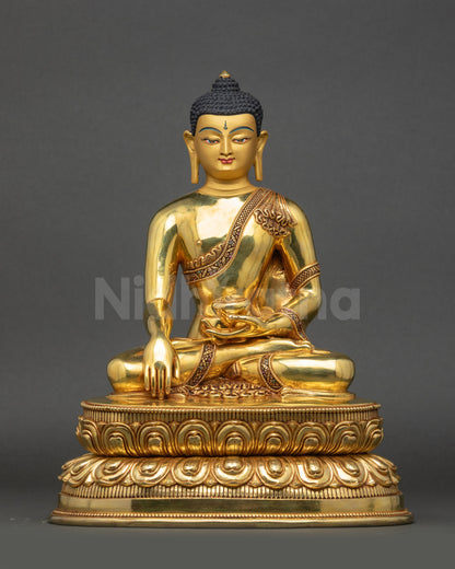 Front view of Elegant Shakyamuni Buddha Statue with gold fire-gilded copper surface