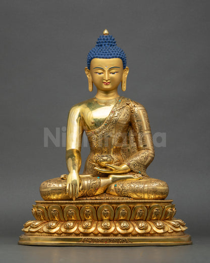 Front view of Enlightened Shakyamuni Buddha Sculpture on lotus seat with gold-gilded face