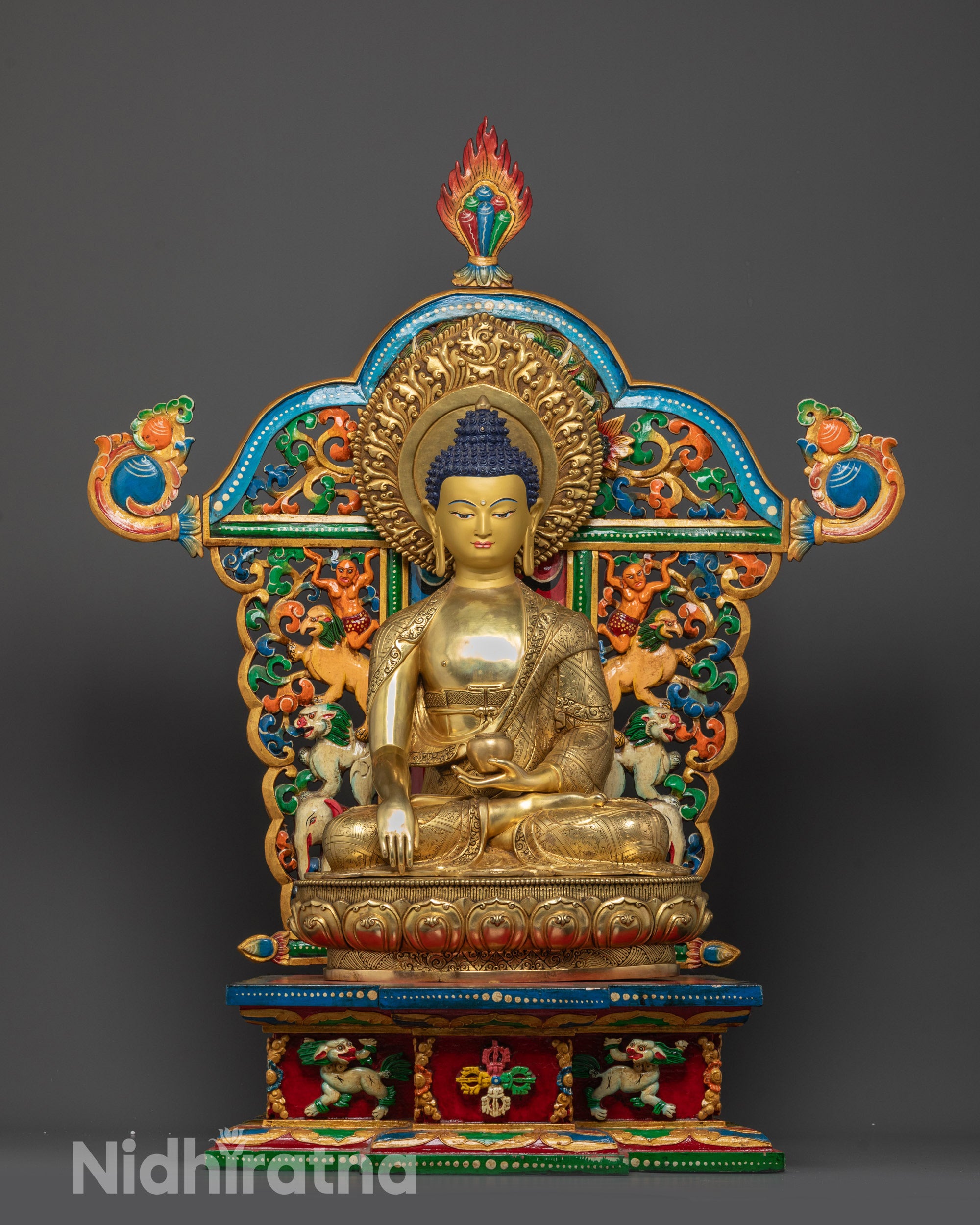 Front view of Enthroned Shakyamuni Buddha statue on lion throne with vibrant details
