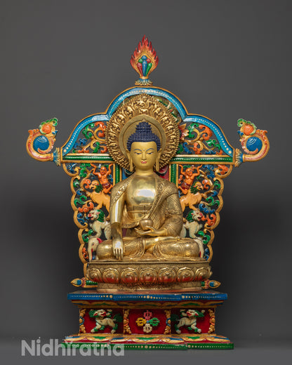 Front view of Enthroned Shakyamuni Buddha statue on lion throne with vibrant details
