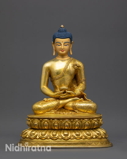 Front view of Exquisite Amitabha Buddha Statue on gold-gilded copper lotus seat
