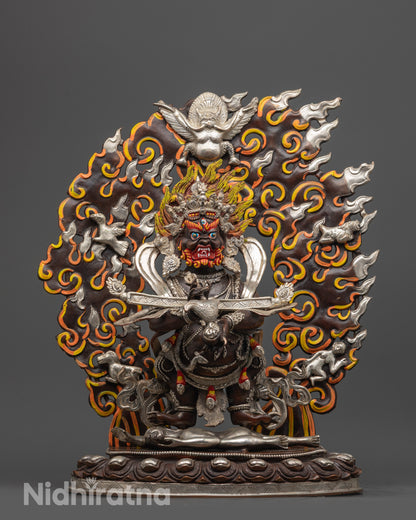 Front view of Fierce Sakya Mahakala Statue on lotus seat with silver-plated finish