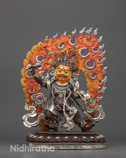 Front view of Fierce Vajrapani Statue with wrathful flame halo and lotus seat in oxidized copper