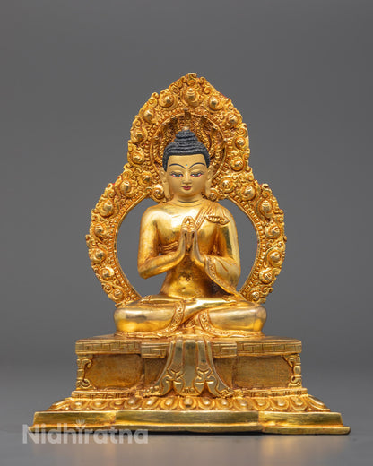 Front view of Fire Gold Plated Vairocana Buddha statue with gold-gilded face and acrylic paint.