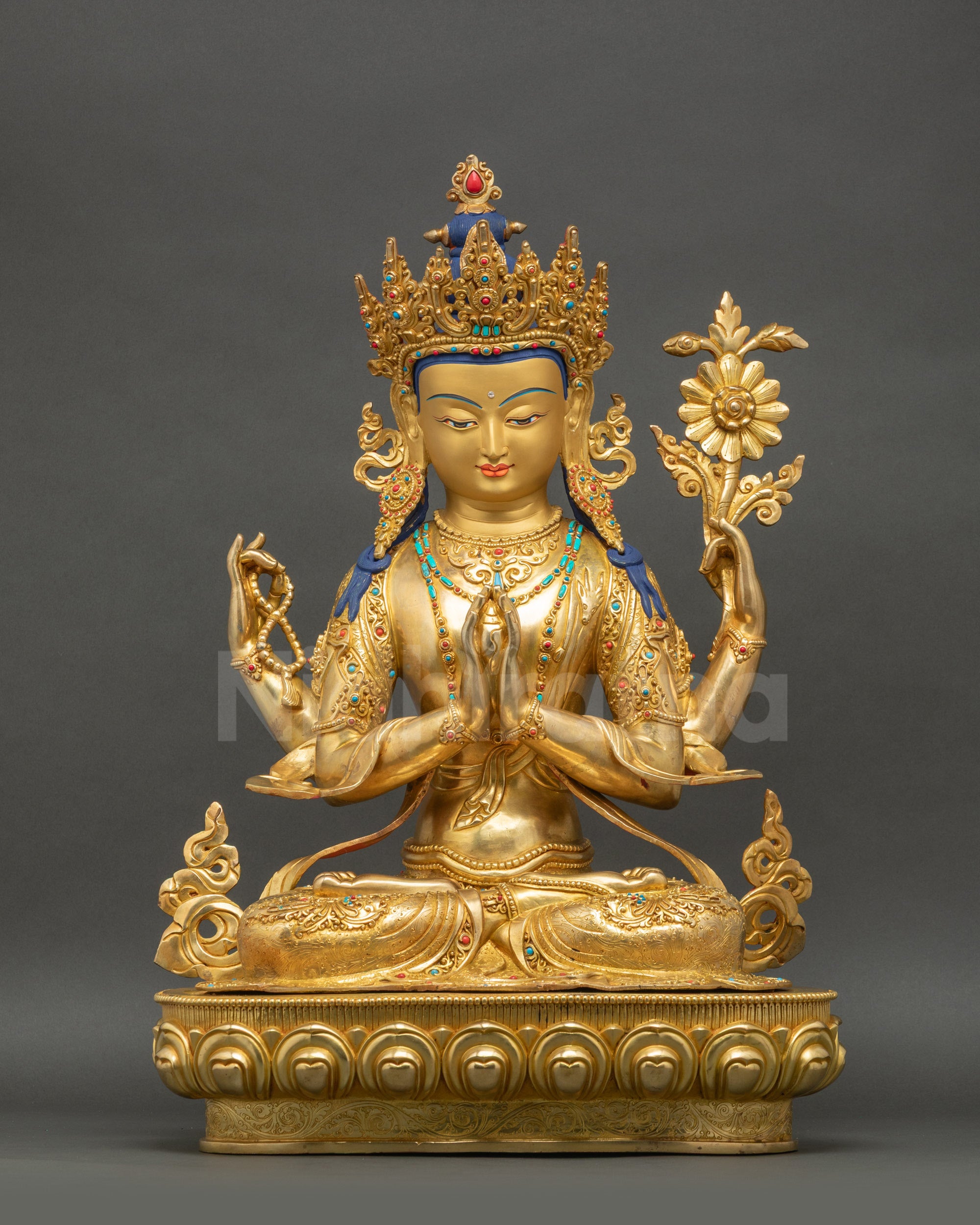 Front view of Four-Armed Avalokiteshvara Chenrezig statue gold-gilded Nepalese art