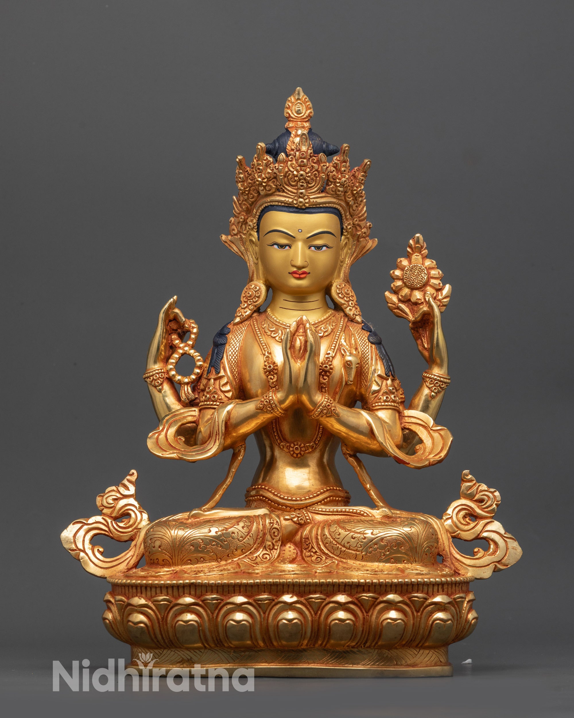 Front view of Four-Armed Avalokiteshvara Statue with 24K gold gilded face on lotus throne