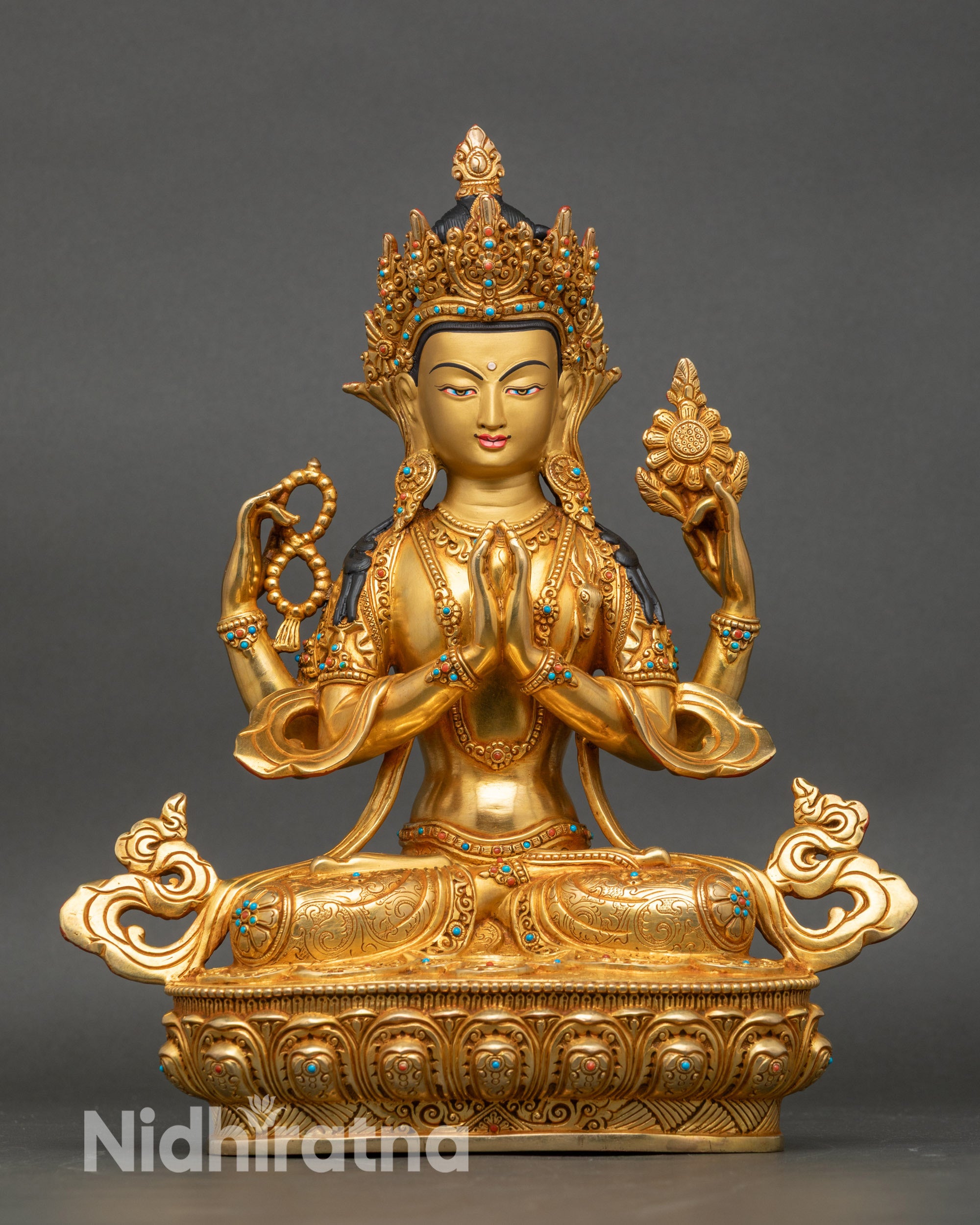 Front view of Four-Armed Avalokiteshvara gold-gilded copper Bodhisattva statue
