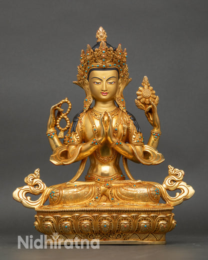 Front view of Four-Armed Avalokiteshvara gold-gilded copper Bodhisattva statue
