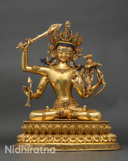 Front view of Four-Armed Maha Manjushri Statue, gold fire-gilded Nepalese sculpture
