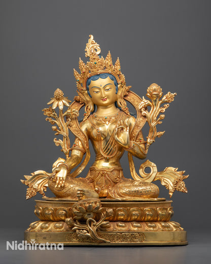 Front view of Goddess Green Tara Statue with gold gilding and semi-precious stones

