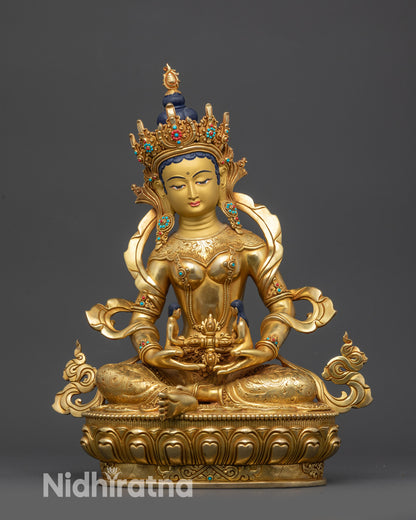 Front view of Gold-Gilded Green Tara Statue, Nepalese Buddhist goddess on lotus seat
