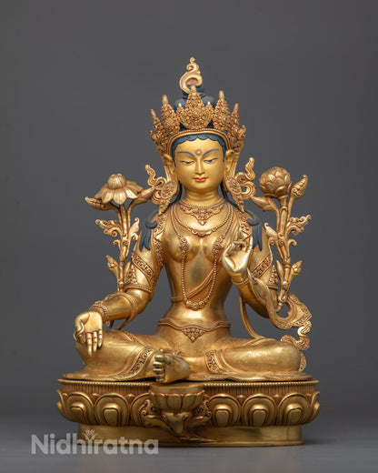 Front view of Green Tara Statue seated on lotus base in meditative posture 