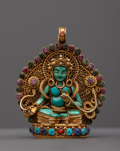 Front view of Green Tara Statue with gold filigree and turquoise, coral, lapis stones