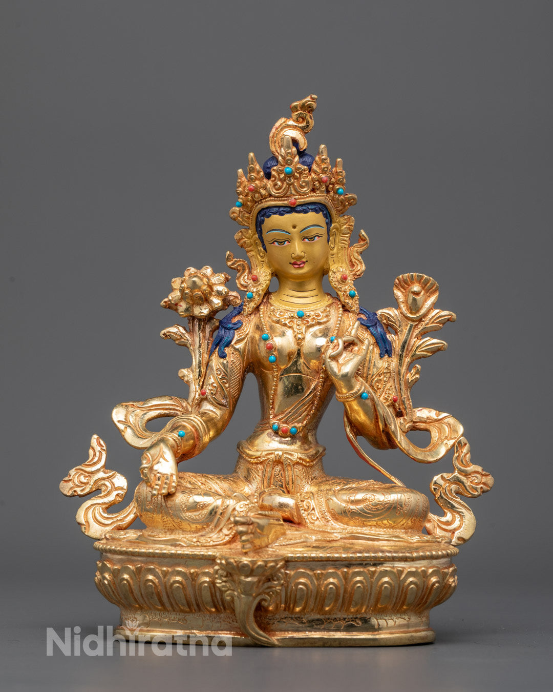 Front view of Green Tara Traditional Statue with gold gilding and lotus throne