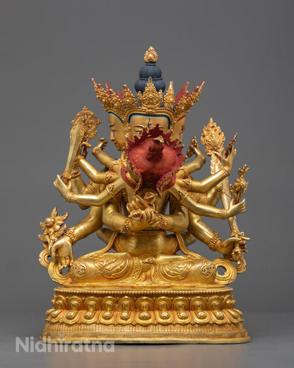 Front view of Guhyasamaja statue in meditative posture, handcrafted in copper
