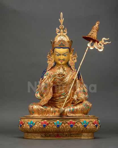 Front view of Guru Norlha Statue showing full lotus seat, crown, and royal kasaya garments