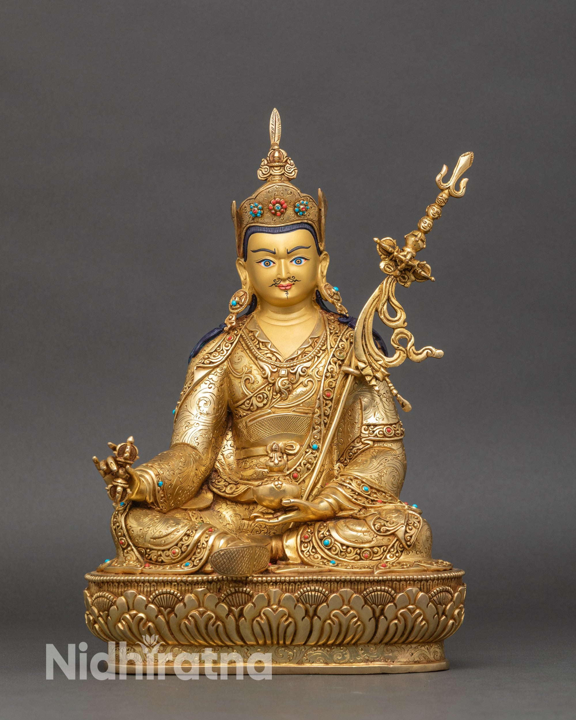 Front view of Guru Padmasambhava Statue, handcrafted Nepalese copper with gold fire-gilding