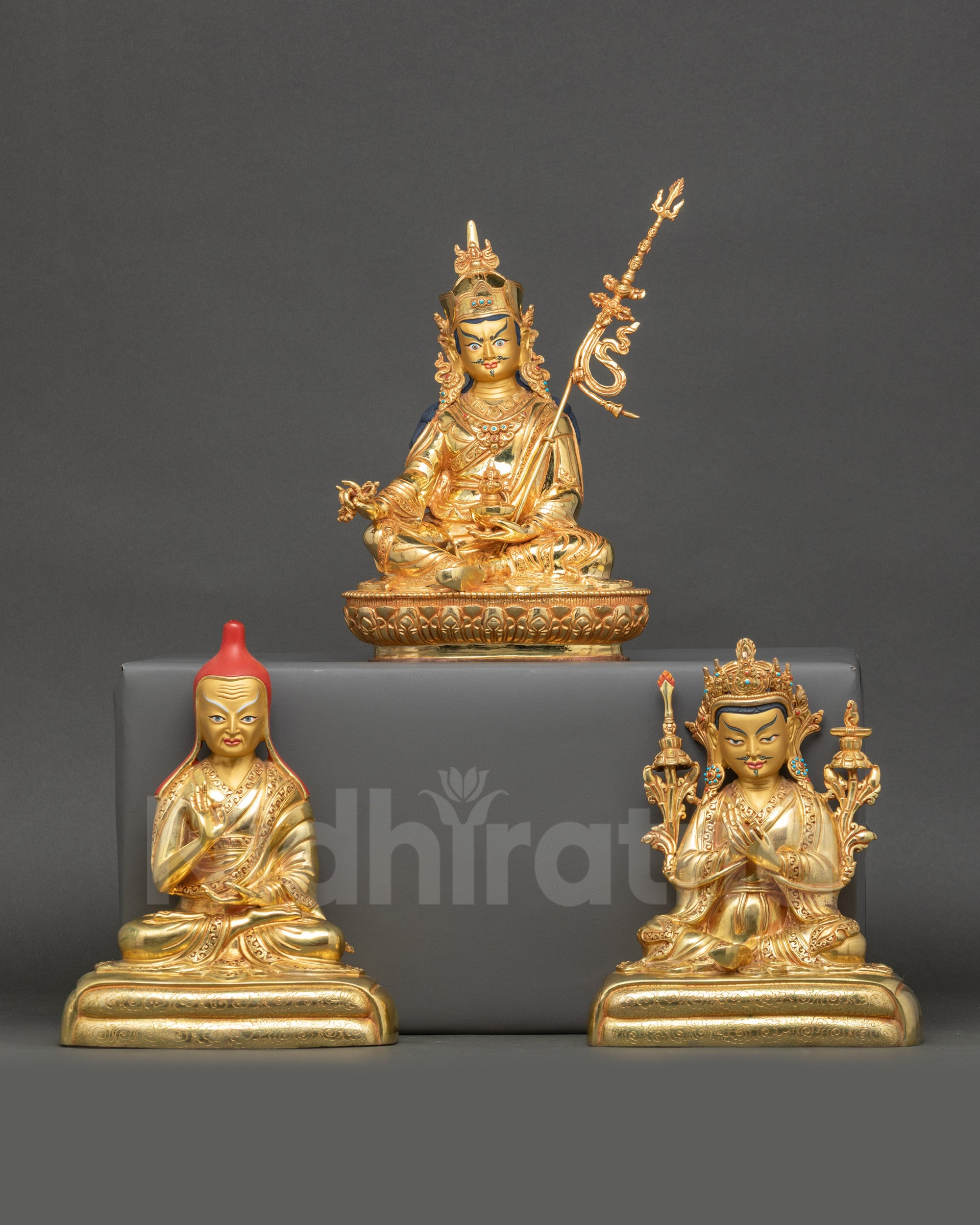 Front view of Guru Rinpoche Santarakshita Trisong Detsen Statue Set