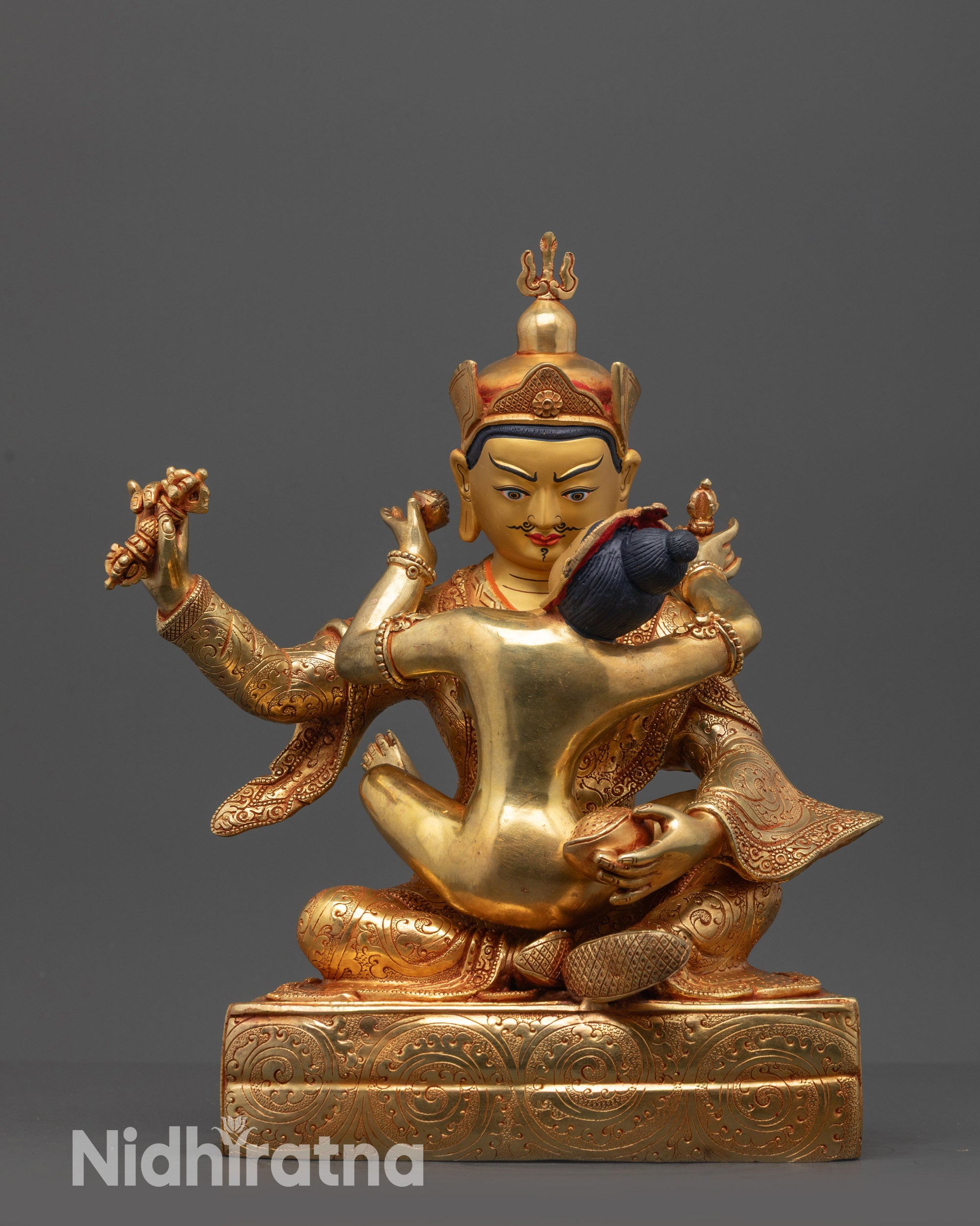 Front view of Guru Rinpoche and Yeshe Tsogyal Fire Gold-Gilded Consort Statue