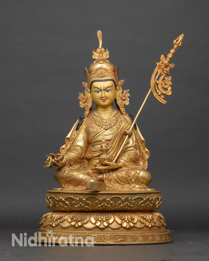 Front view of Guru Rinpoche statue – handmade Nepalese copper Buddhist sculpture with gold fire-gilding for meditation altar