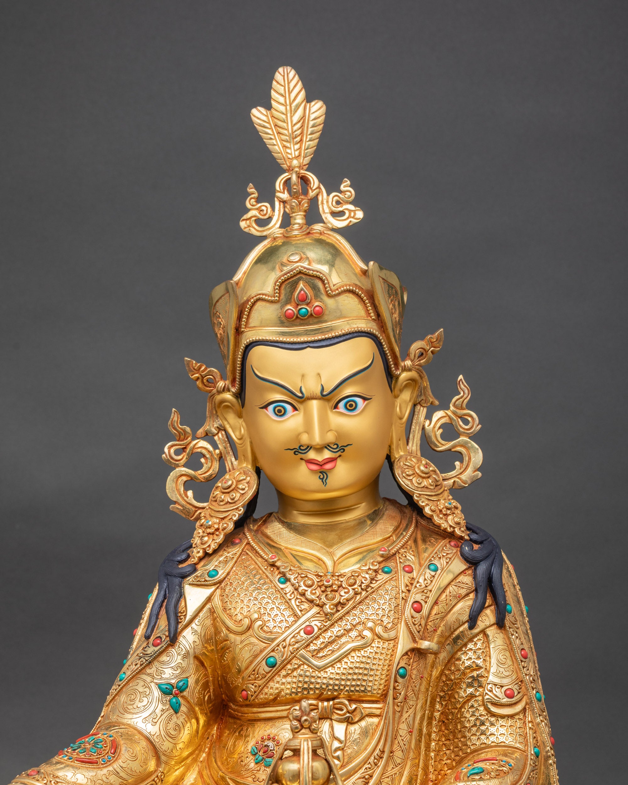 Front view of Guru Rinpoche statue on lotus throne, 24K gold fire-gilded Nepalese artwork
