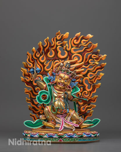 Front view of Hand-Carved Vajrapani Statue in 24k Gold Finish, standing on a lotus base