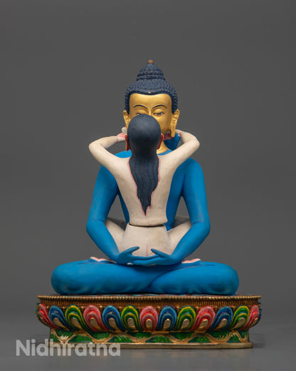 Front view of Hand-Painted Samantabhadra Yab-Yum Statue with gold-gilded faces and lotus seat