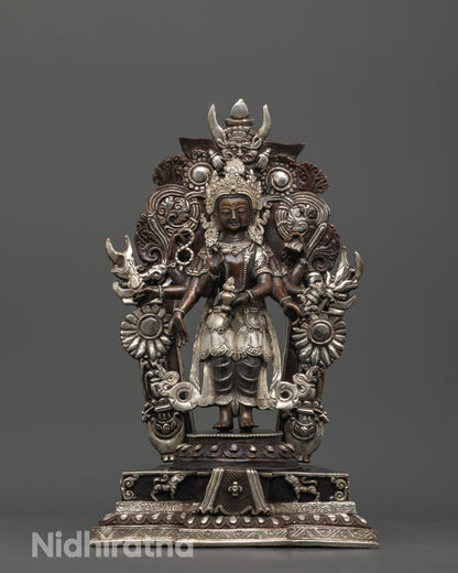 Front view of Hand-carved Lokeshwor statue with eight arms made from oxidized copper
