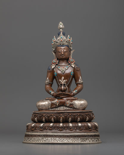Front view of Handcrafted Amitayus Statue with oxidized copper face and silver finish