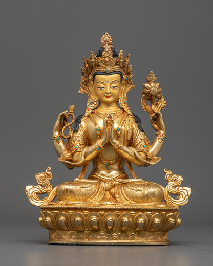 Front view of Handcrafted Chenrezig Statue with gold-gilded face and gemstone crown