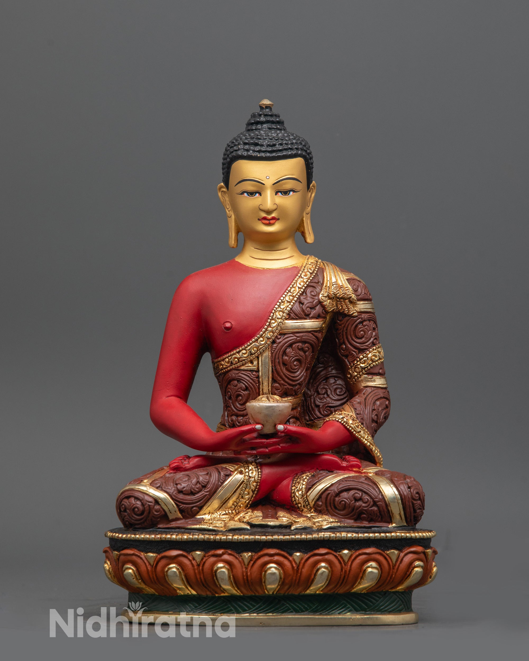 Front view of Handmade Amitabha Buddha statue with gold-plated face and lotus seat