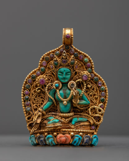 Front view of Handmade Green Tara Locket with radiant green crystal and gold-gilded filigree, crafted by master artisans from Patan, Nepal.