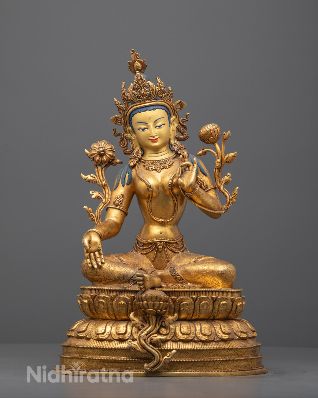 Front view of Handmade Green Tara Statue with gold gilding and vibrant acrylic painting