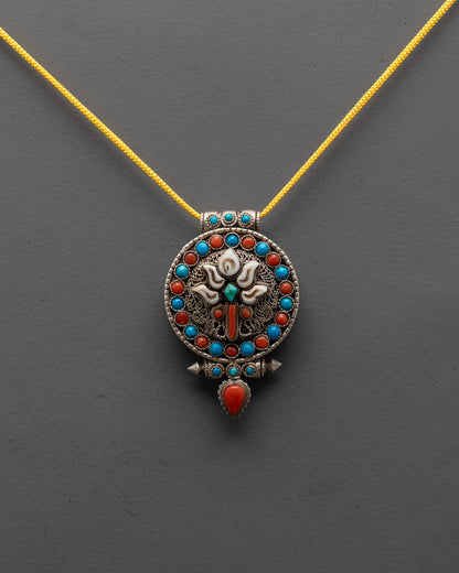 Front view of Handmade Lotus Locket with lotus design and semi-precious stones
