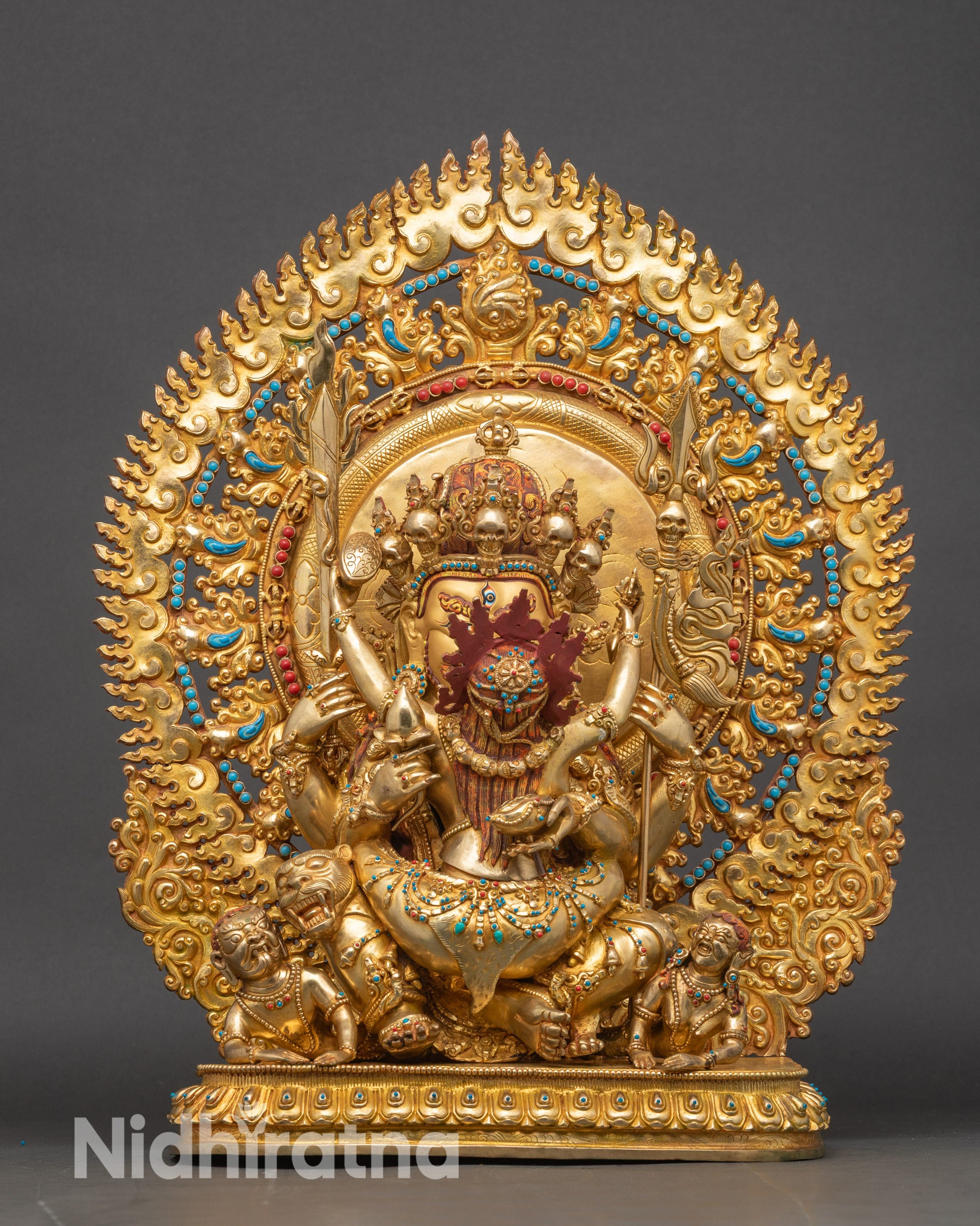 Front view of Hayagriva Yab-Yum statue, handcrafted Nepalese copper and gold deity