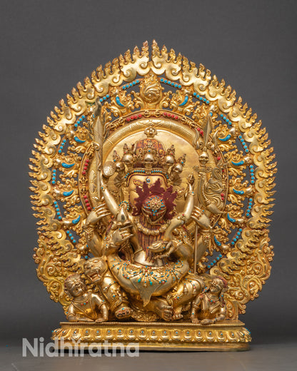 Front view of Hayagriva Yab-Yum statue, handcrafted Nepalese copper and gold deity