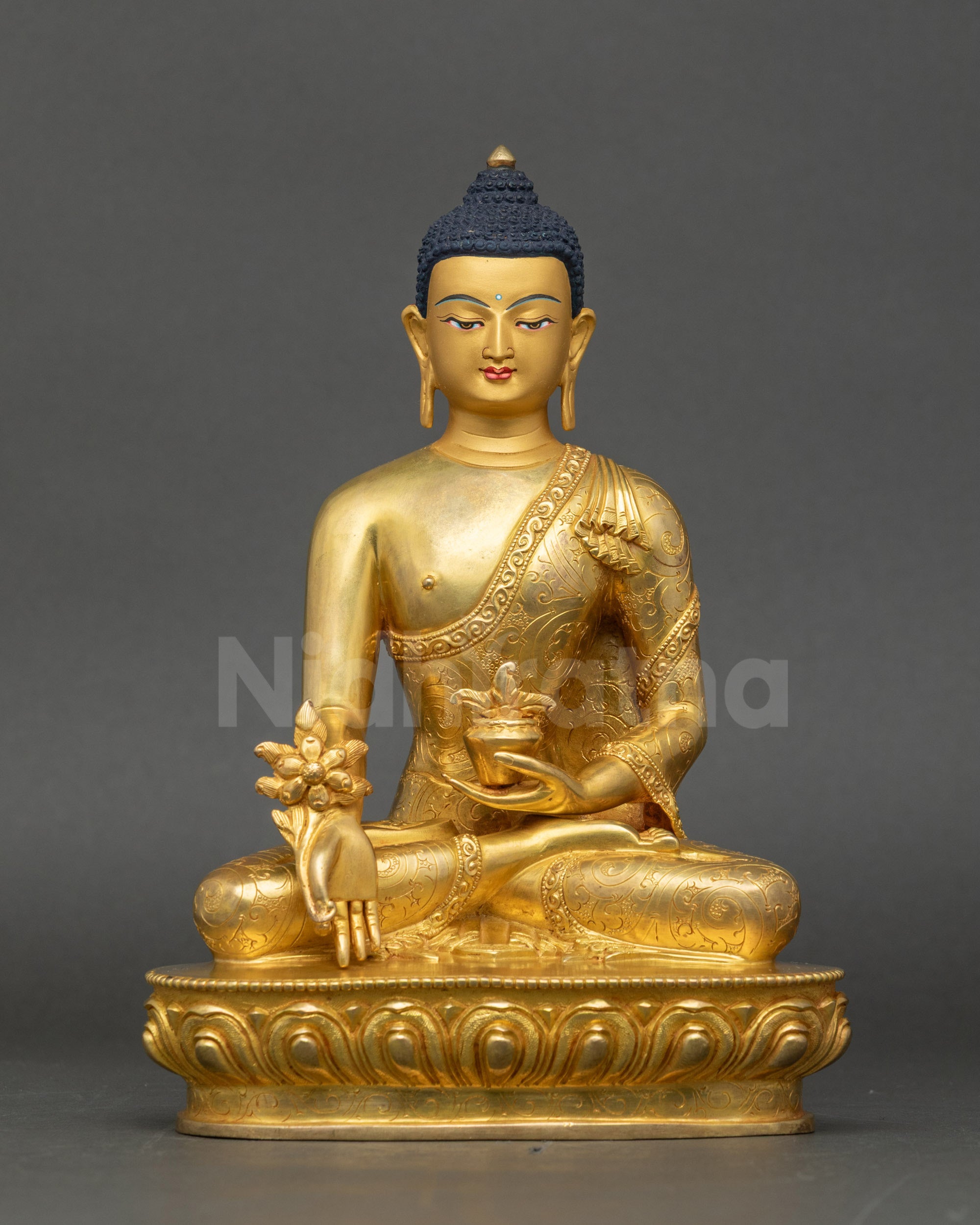 Front view of Healing Buddha Bhaisajyaguru Statue gold Fire-Gilded Nepalese copper art