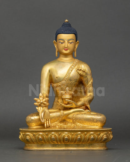 Front view of Healing Buddha Bhaisajyaguru Statue gold Fire-Gilded Nepalese copper art