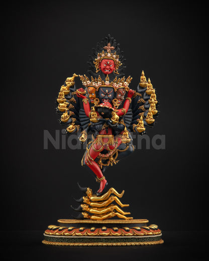 Front view of Hevajra Yab Yum statue with golden ornaments and lotus seat
