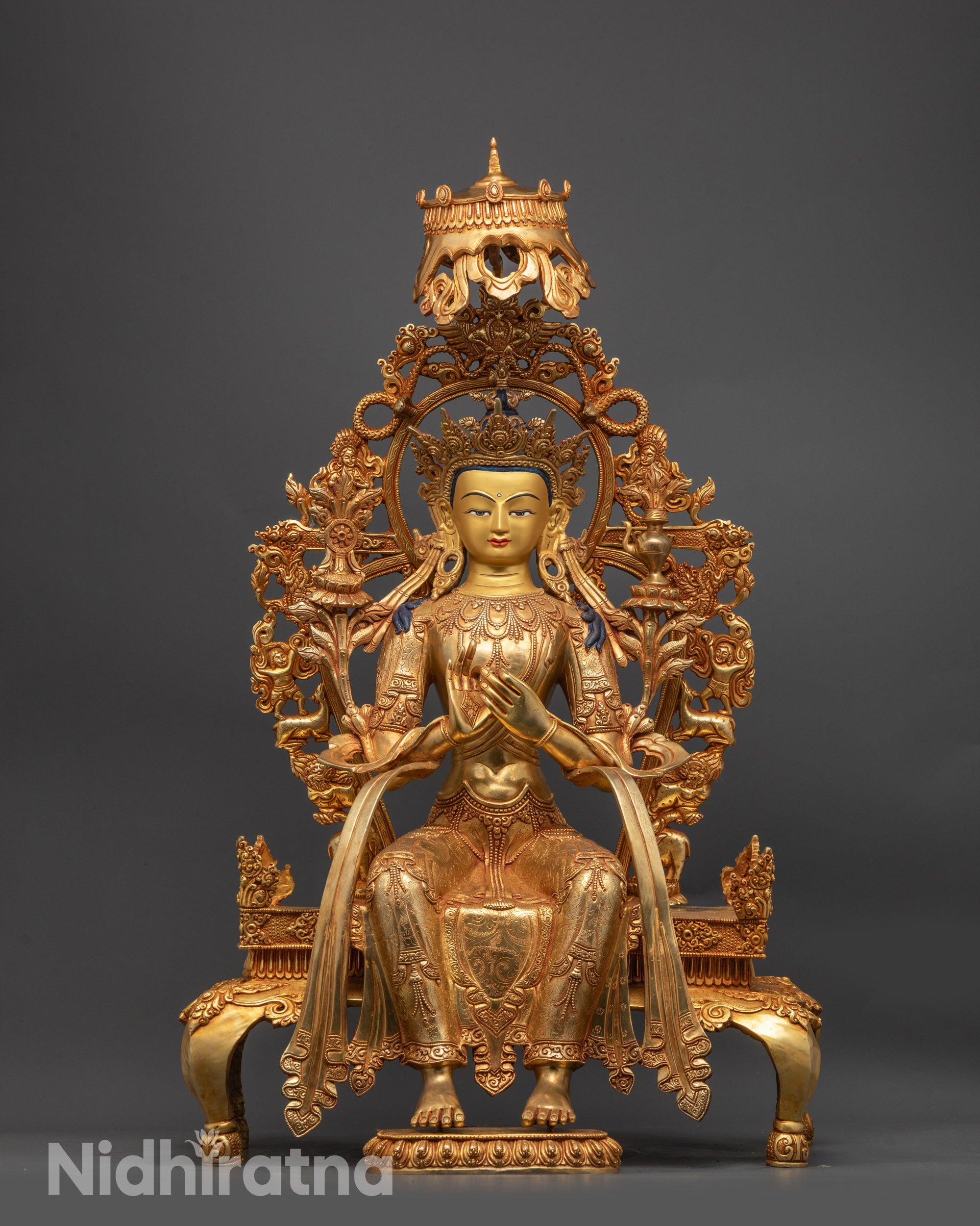 Front view of Indoor Maitreya Buddha Statue with gold-gilded face and dharmachakra mudra
