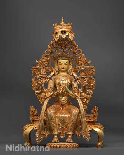 Front view of Indoor Maitreya Buddha Statue with gold-gilded face and dharmachakra mudra