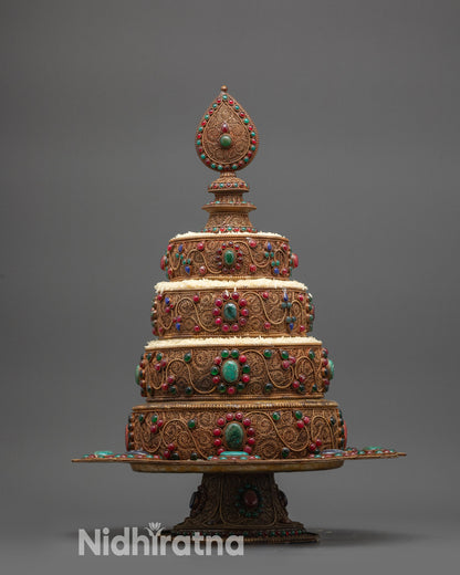 Front view of Intricate Tibetan Mandala Set with copper filigree and semi-precious stones