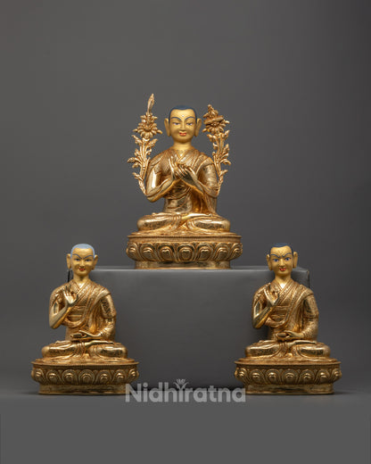 Front view of Je Tsongkhapa with Gyaltsab and Khedrup seated in traditional lotus posture
